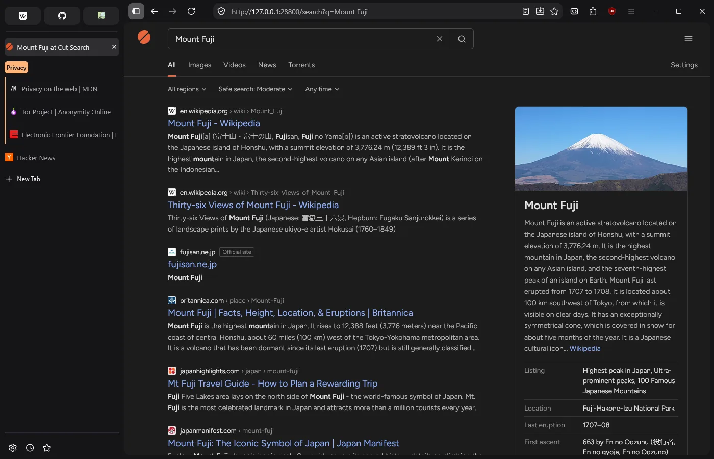 Cut Browser showing search results
