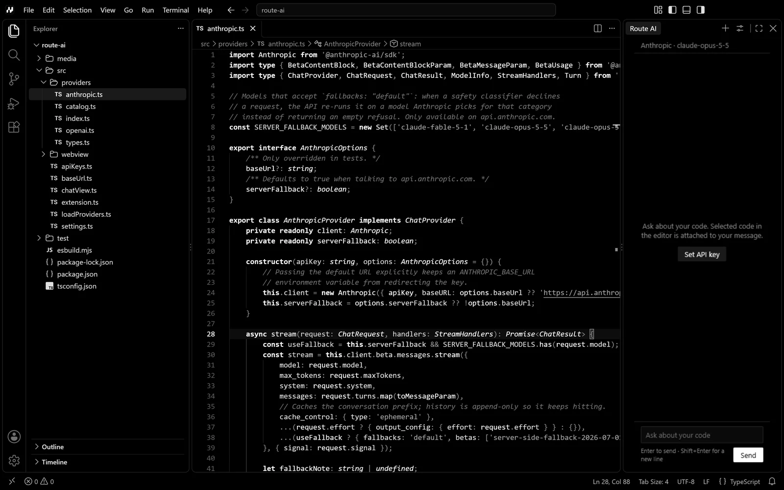 Route with a TypeScript file open and the Route AI panel beside it